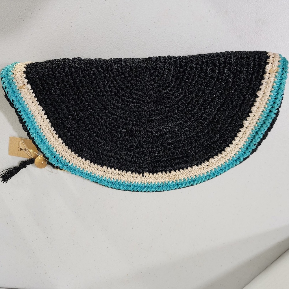 Vintage Woven Straw Raffia Half Moon Clutch Bag Made in Japan Black Blue Cream